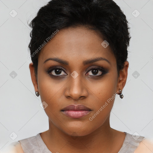 Neutral black young-adult female with short  brown hair and brown eyes