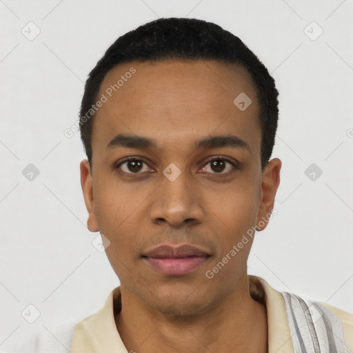 Neutral latino young-adult male with short  black hair and brown eyes