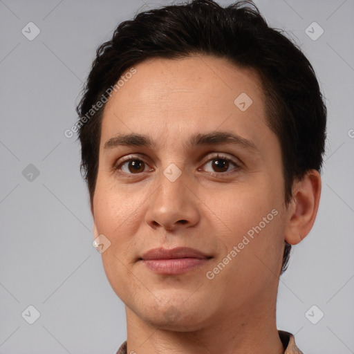 Joyful white young-adult female with short  brown hair and brown eyes