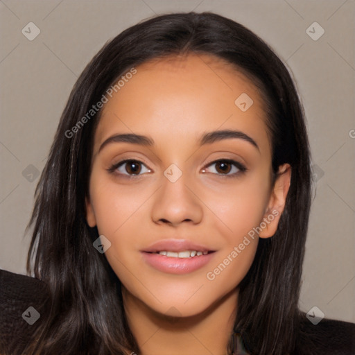 Joyful latino young-adult female with long  brown hair and brown eyes