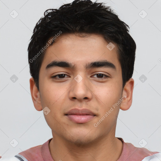 Neutral latino young-adult male with short  black hair and brown eyes