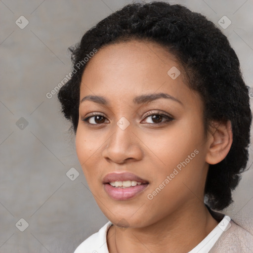 Joyful latino young-adult female with medium  black hair and brown eyes