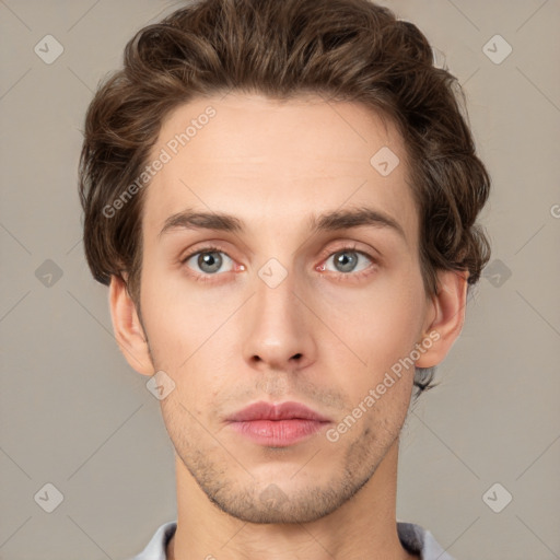 Neutral white young-adult male with short  brown hair and grey eyes