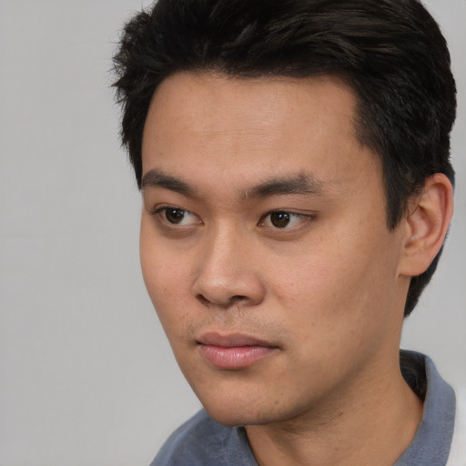 Neutral asian young-adult male with short  black hair and brown eyes