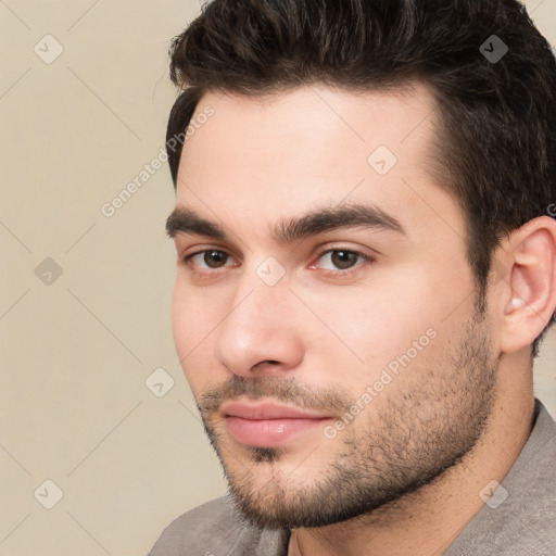 Neutral white young-adult male with short  brown hair and brown eyes