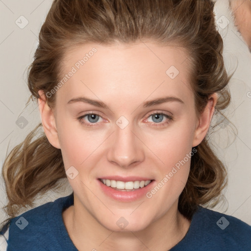 Joyful white young-adult female with medium  brown hair and blue eyes