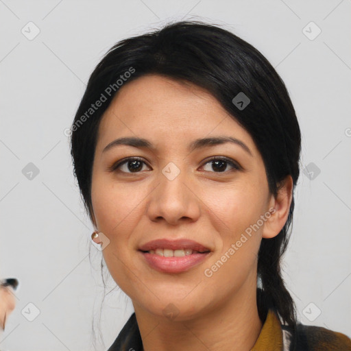 Joyful asian young-adult female with medium  black hair and brown eyes