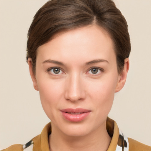 Neutral white young-adult female with short  brown hair and brown eyes