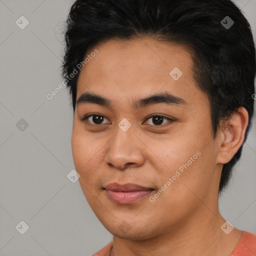 Joyful asian young-adult male with short  black hair and brown eyes