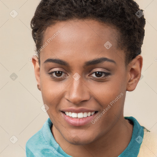 Joyful white young-adult female with short  brown hair and brown eyes