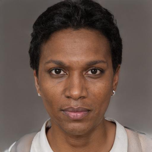Neutral black adult female with short  black hair and brown eyes