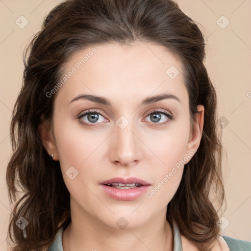 Neutral white young-adult female with medium  brown hair and brown eyes