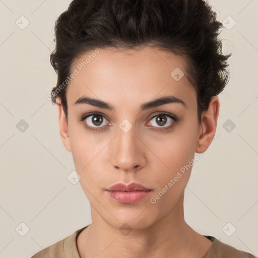 Neutral white young-adult female with short  brown hair and brown eyes