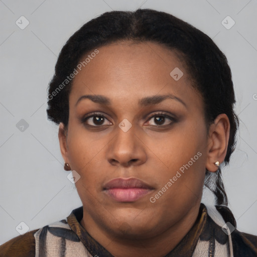 Neutral latino young-adult female with short  black hair and brown eyes