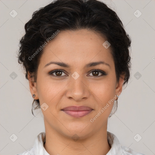 Joyful latino young-adult female with short  brown hair and brown eyes