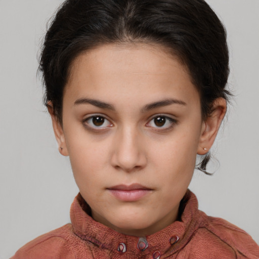 Neutral white young-adult female with short  brown hair and brown eyes