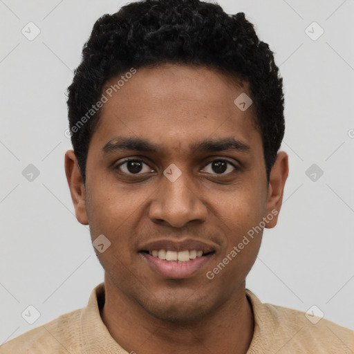 Joyful black young-adult male with short  black hair and brown eyes