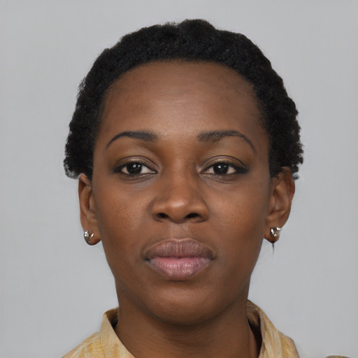 Neutral black young-adult female with short  black hair and brown eyes