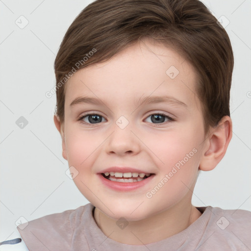 Joyful white child female with short  brown hair and brown eyes