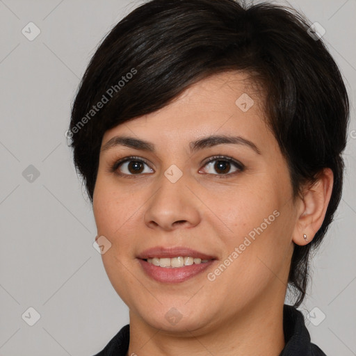 Joyful white young-adult female with medium  brown hair and brown eyes