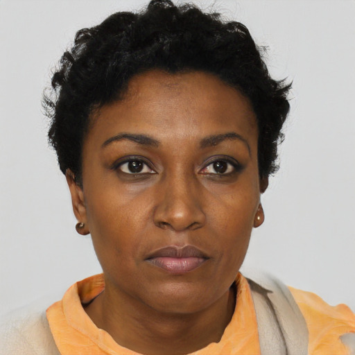 Neutral black young-adult female with short  black hair and brown eyes