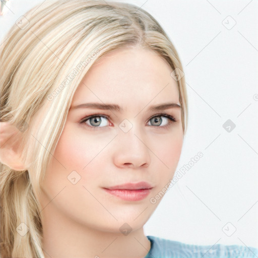 Neutral white young-adult female with long  brown hair and blue eyes