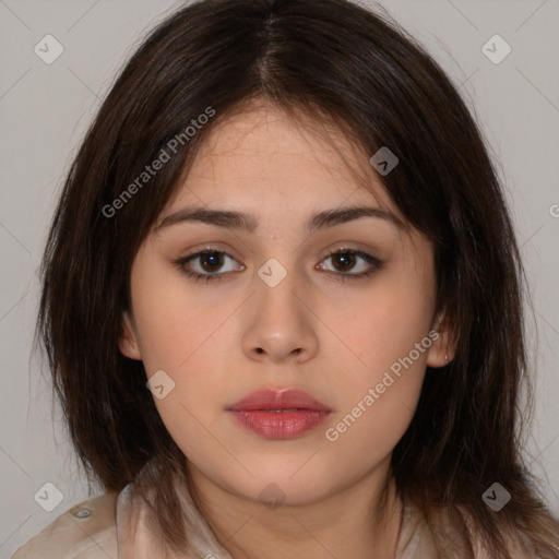 Neutral white young-adult female with medium  brown hair and brown eyes