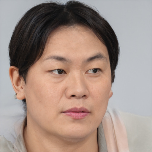 Neutral asian adult male with short  brown hair and brown eyes