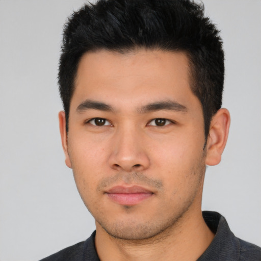 Neutral asian young-adult male with short  black hair and brown eyes