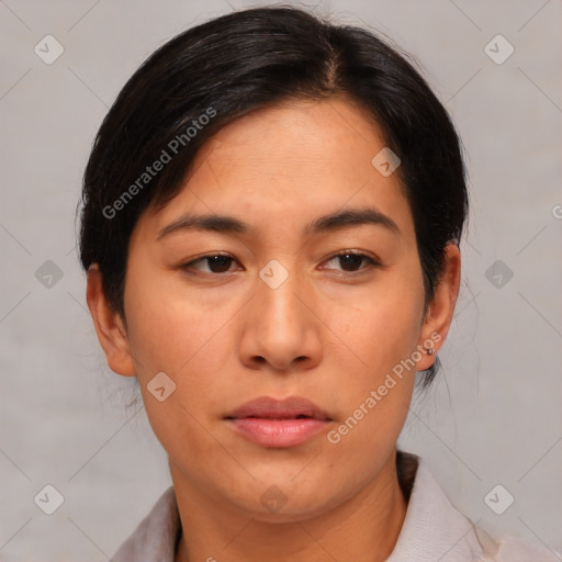 Neutral asian young-adult female with medium  brown hair and brown eyes