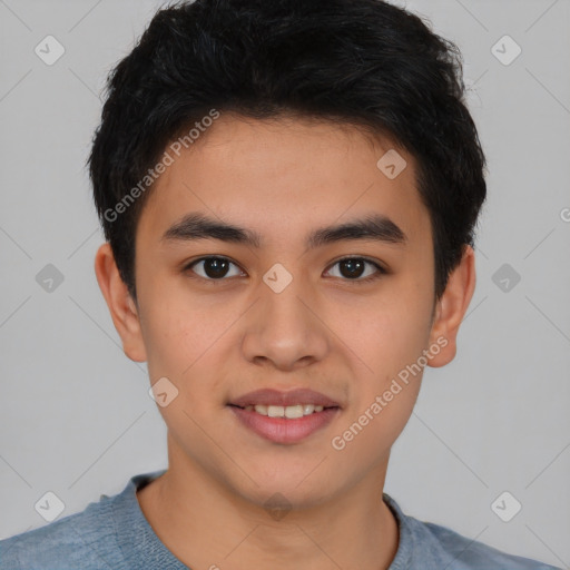 Joyful latino young-adult male with short  brown hair and brown eyes