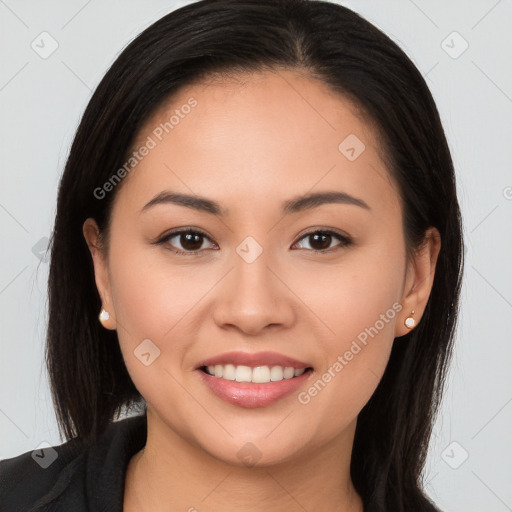 Joyful white young-adult female with long  brown hair and brown eyes