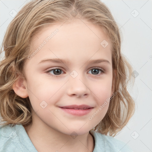 Joyful white child female with medium  brown hair and blue eyes