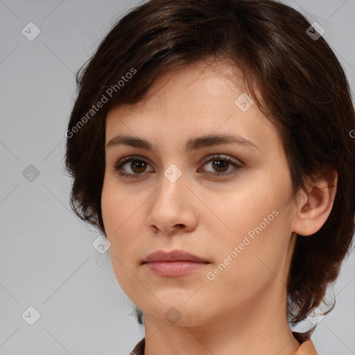 Neutral white young-adult female with medium  brown hair and brown eyes