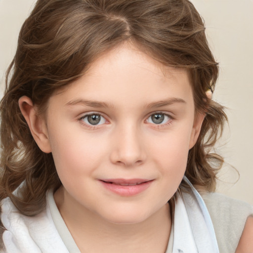 Joyful white child female with medium  brown hair and brown eyes