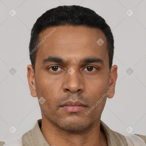 Neutral latino young-adult male with short  black hair and brown eyes