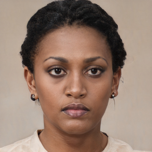 Neutral black young-adult female with short  brown hair and brown eyes
