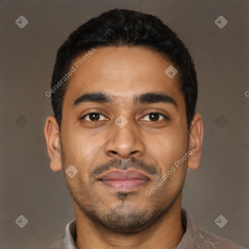 Neutral latino young-adult male with short  black hair and brown eyes