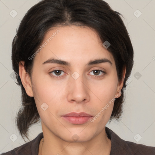 Neutral white young-adult female with medium  brown hair and brown eyes