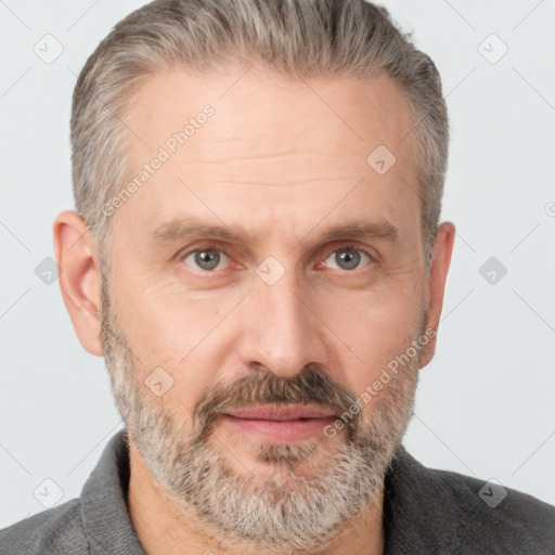 Neutral white middle-aged male with short  brown hair and brown eyes