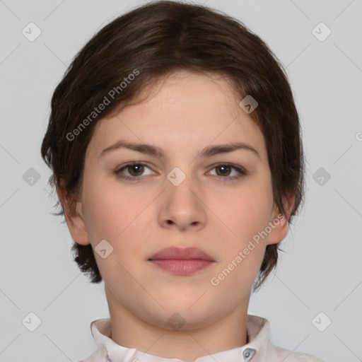 Neutral white young-adult female with medium  brown hair and brown eyes