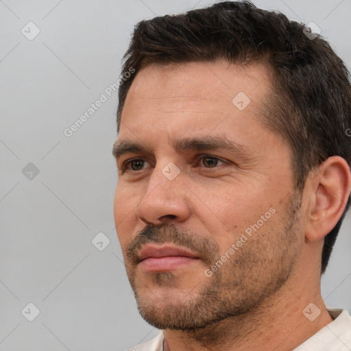 Neutral white adult male with short  brown hair and brown eyes