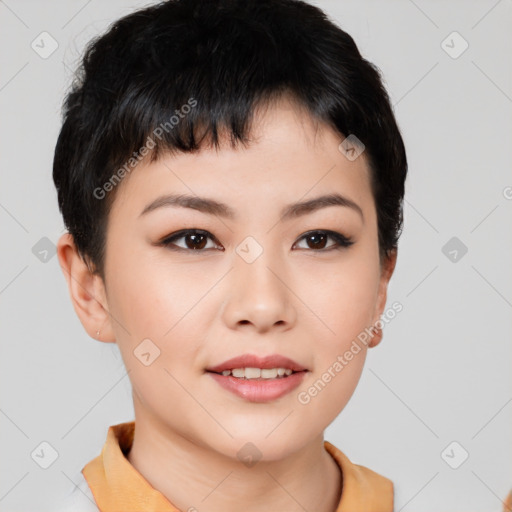 Joyful asian young-adult female with short  brown hair and brown eyes