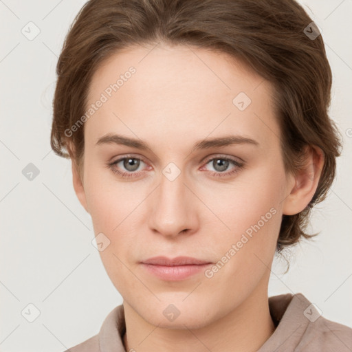 Neutral white young-adult female with medium  brown hair and grey eyes