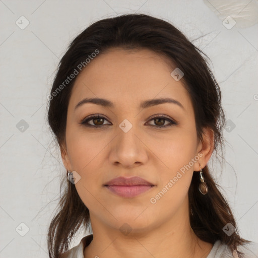 Joyful white young-adult female with long  brown hair and brown eyes