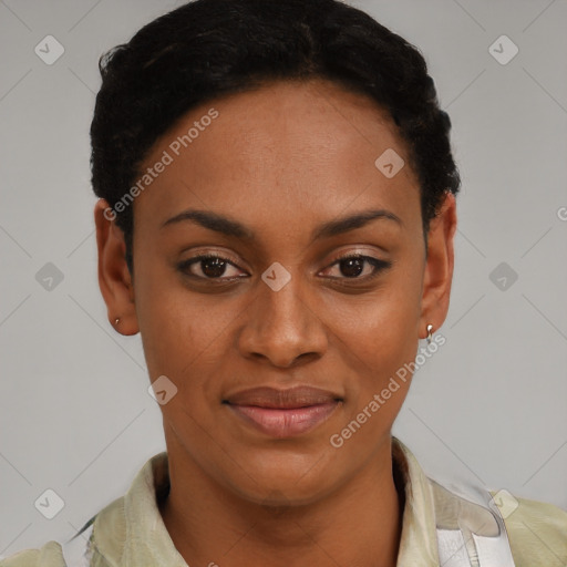 Joyful latino young-adult female with short  black hair and brown eyes