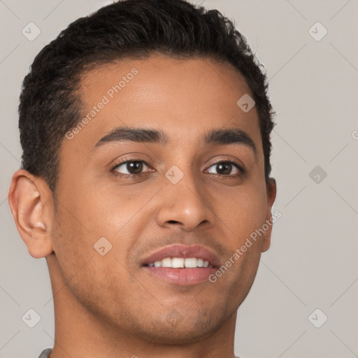 Neutral latino young-adult male with short  brown hair and brown eyes