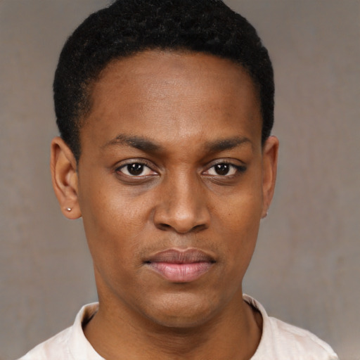 Joyful black young-adult male with short  black hair and brown eyes