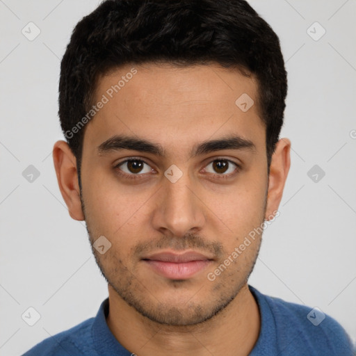 Neutral white young-adult male with short  brown hair and brown eyes