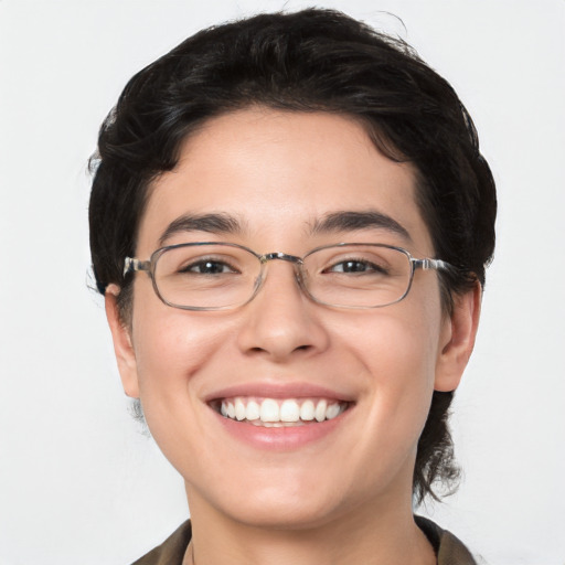 Joyful white young-adult male with medium  brown hair and brown eyes